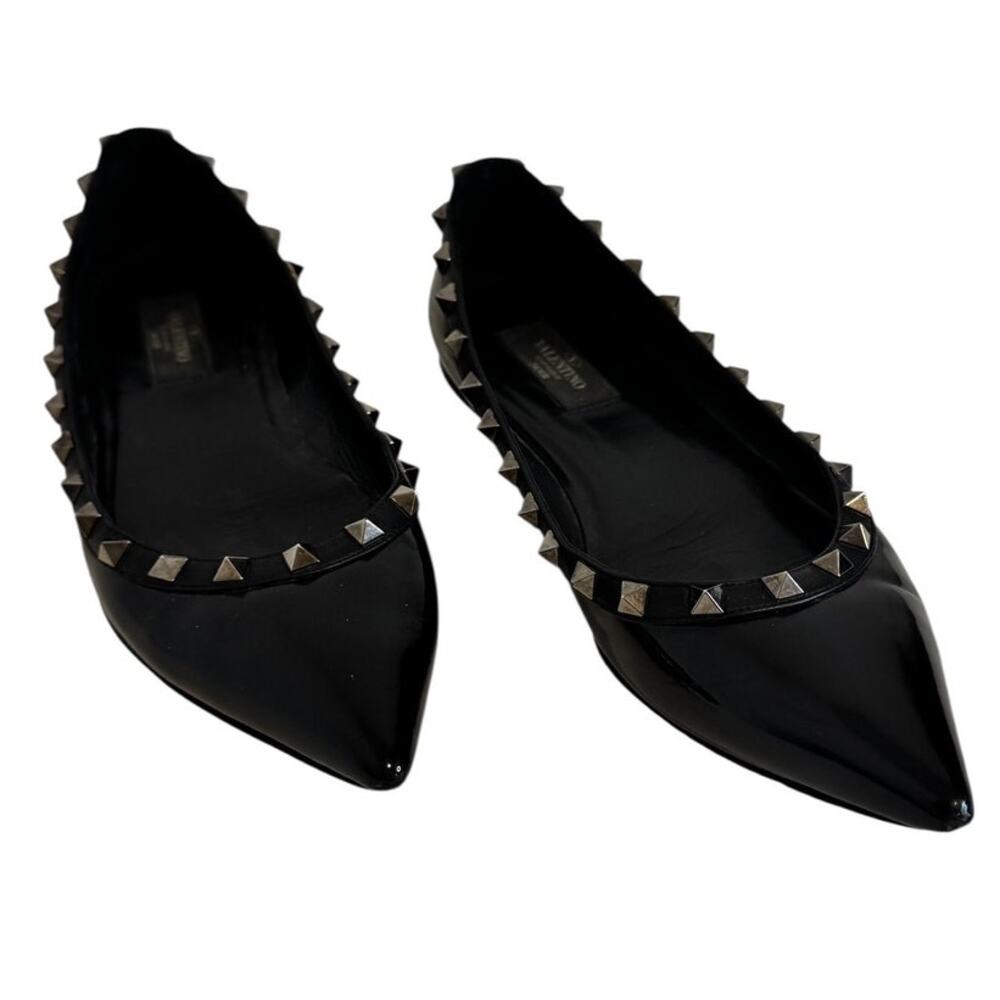Valentino Garavani Rockstud Black Patent Leather Ballet Flats Pointed Toe 38.5